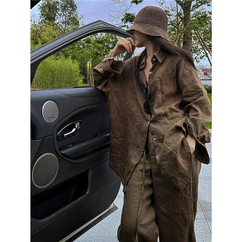 300斤大码秋薄款老钱风亚麻套装男女时尚高端咖色衬衫长裤两件套2