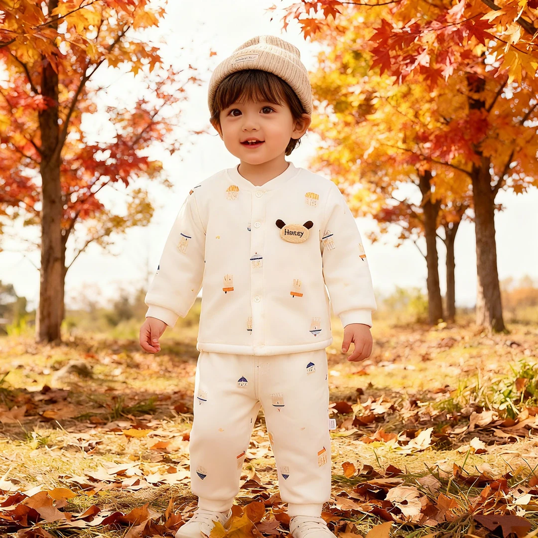 【呗啦】宝宝保暖套装秋冬季夹棉婴儿衣服儿童纯棉分体套装家居服高