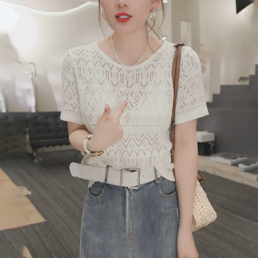 法式蕾丝白色短袖t恤女士夏季高级感时尚镂空钩花针织衫休闲上衣