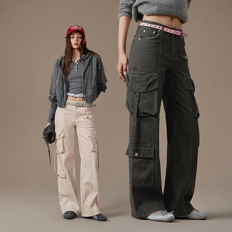 CHUU工装阔腿休闲裤女士2025冬季新品高腰磨破口袋挂带宽松长裤子