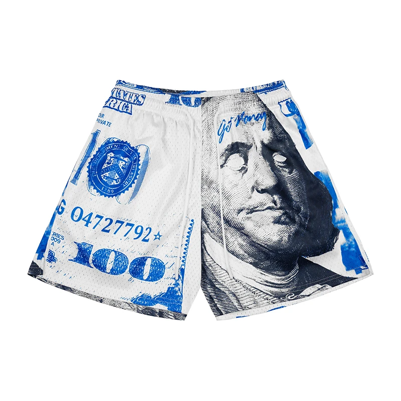 百元富兰克林人像篮球裤美式复古街头美金跑步健身裤训练运动短裤