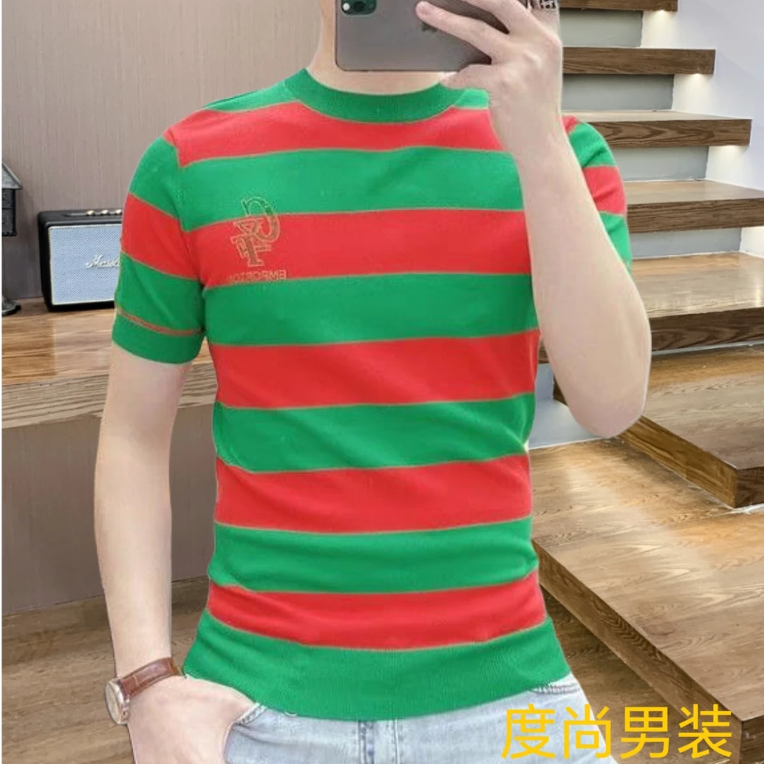 2025夏季新款男士圆领高弹伊力特针织冰丝百搭潮流上衣短袖373