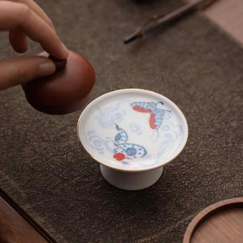 新中式碟舞白瓷茶道高足盖置紫砂壶盖碗盖托搁垫茶桌摆件