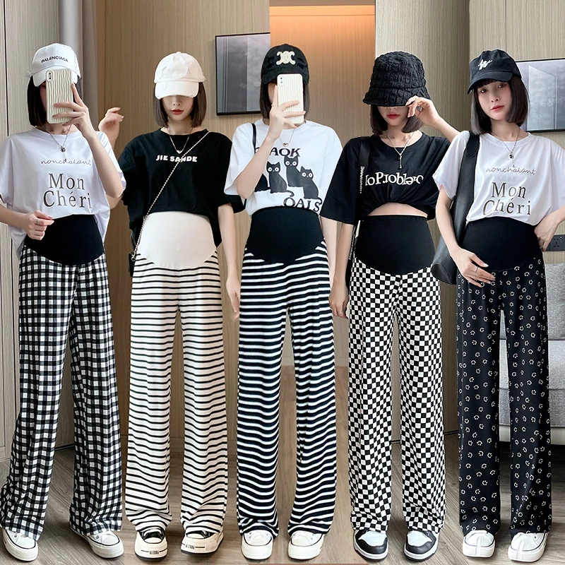 孕妇春夏季冰丝阔腿裤 条纹直筒垂感显瘦长裤防蚊裤运动裤