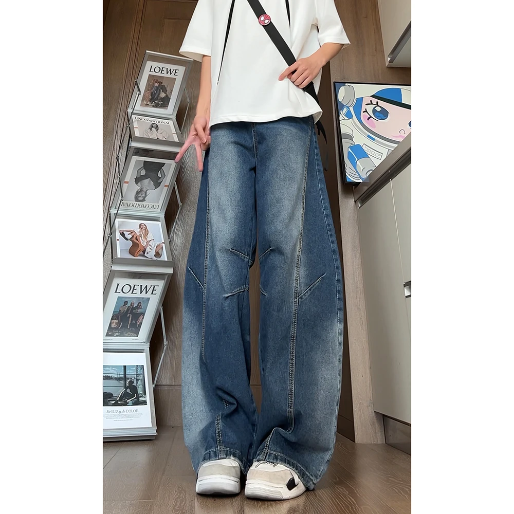 美式复古水洗做旧弯刀设计牛仔裤男女潮牌阔腿宽松百搭拖地裤子