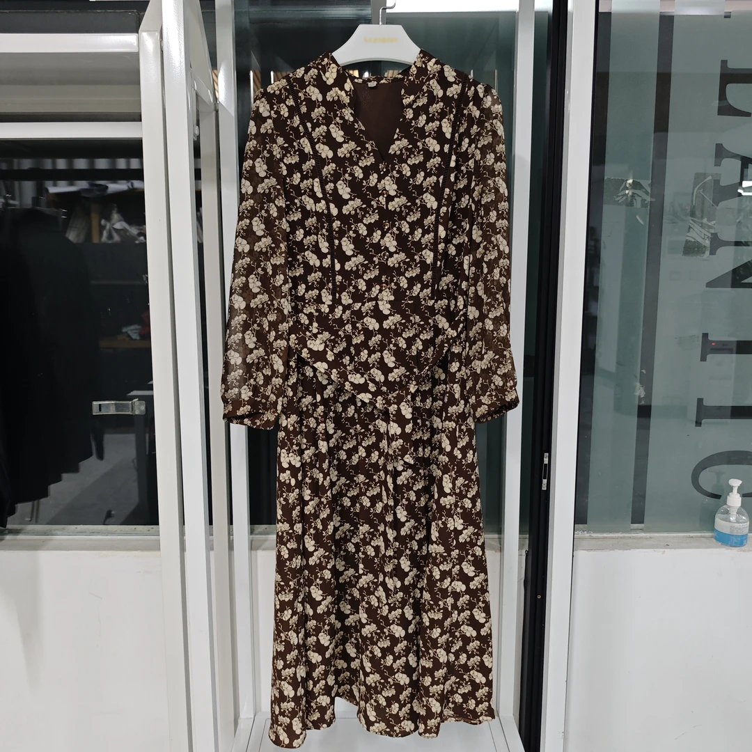 949- 法式V领减龄优雅碎花长袖遮腰显瘦秋冬时尚气质女装连衣裙