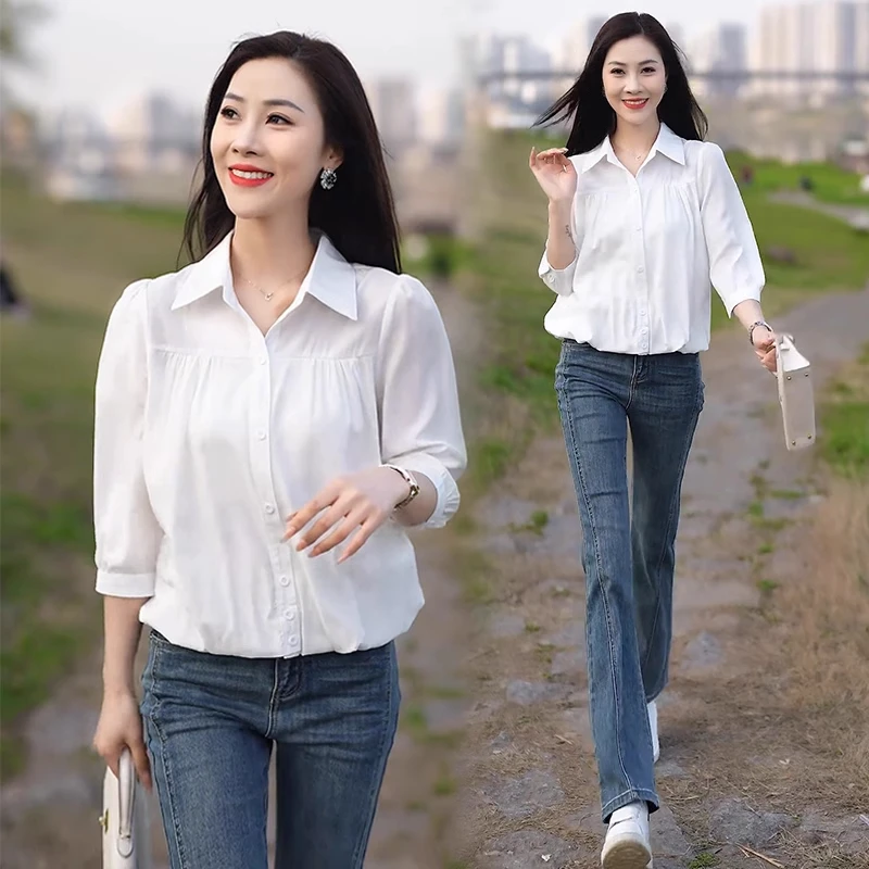 拉夏贝尔洋气七分袖衬衫女2025春秋新款宽松显瘦休闲衬衣百搭上衣