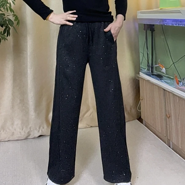 秋冬季女款立体剪裁加绒加厚高腰显瘦星空款直筒休闲阔腿裤子