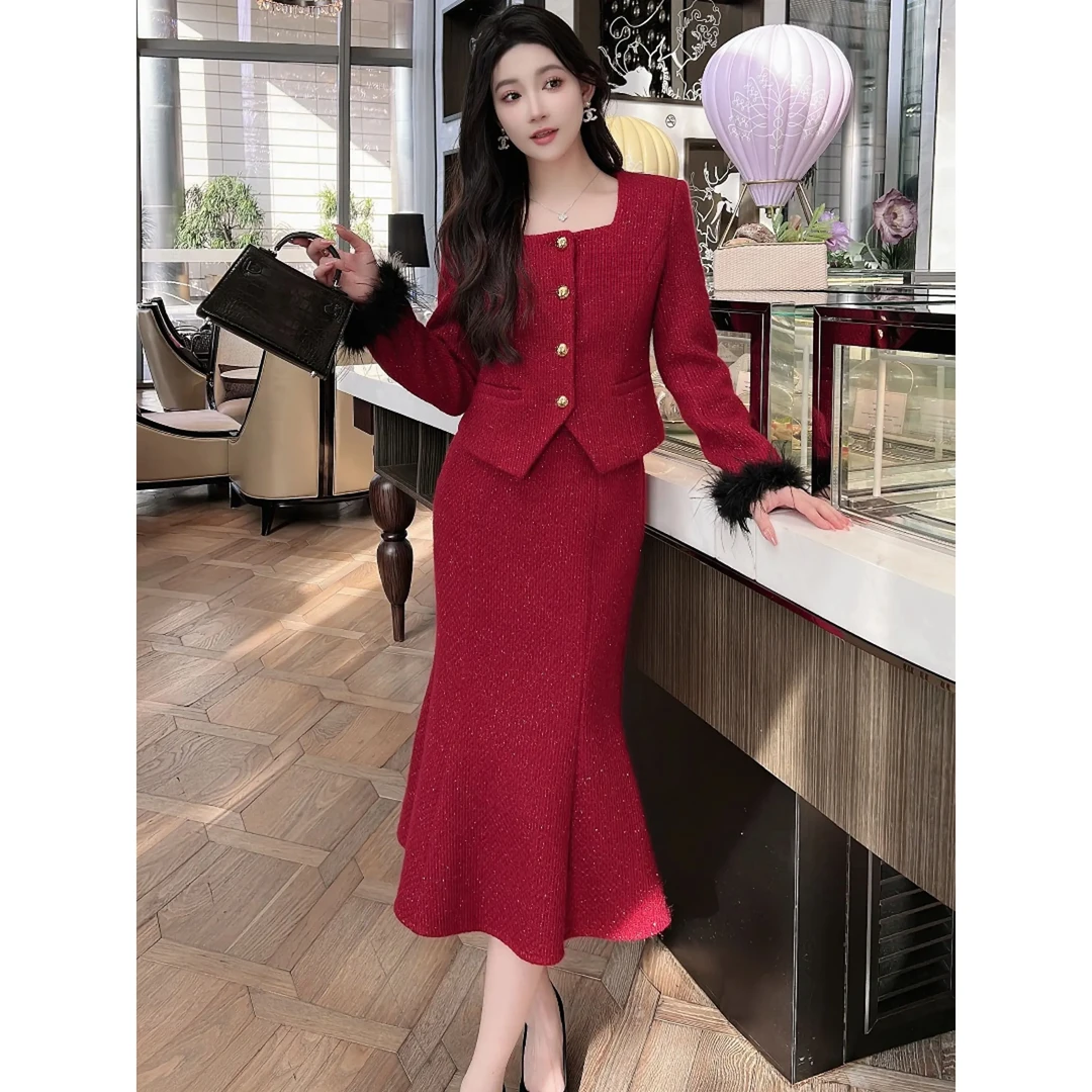 〖晨浠定制〗深圳南油气质显瘦轻奢毛毛袖鱼尾裙小香套装8014