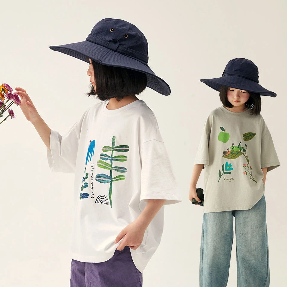 女童夏季植物系列印花短袖t恤儿童洋气上衣童装百搭套头衫