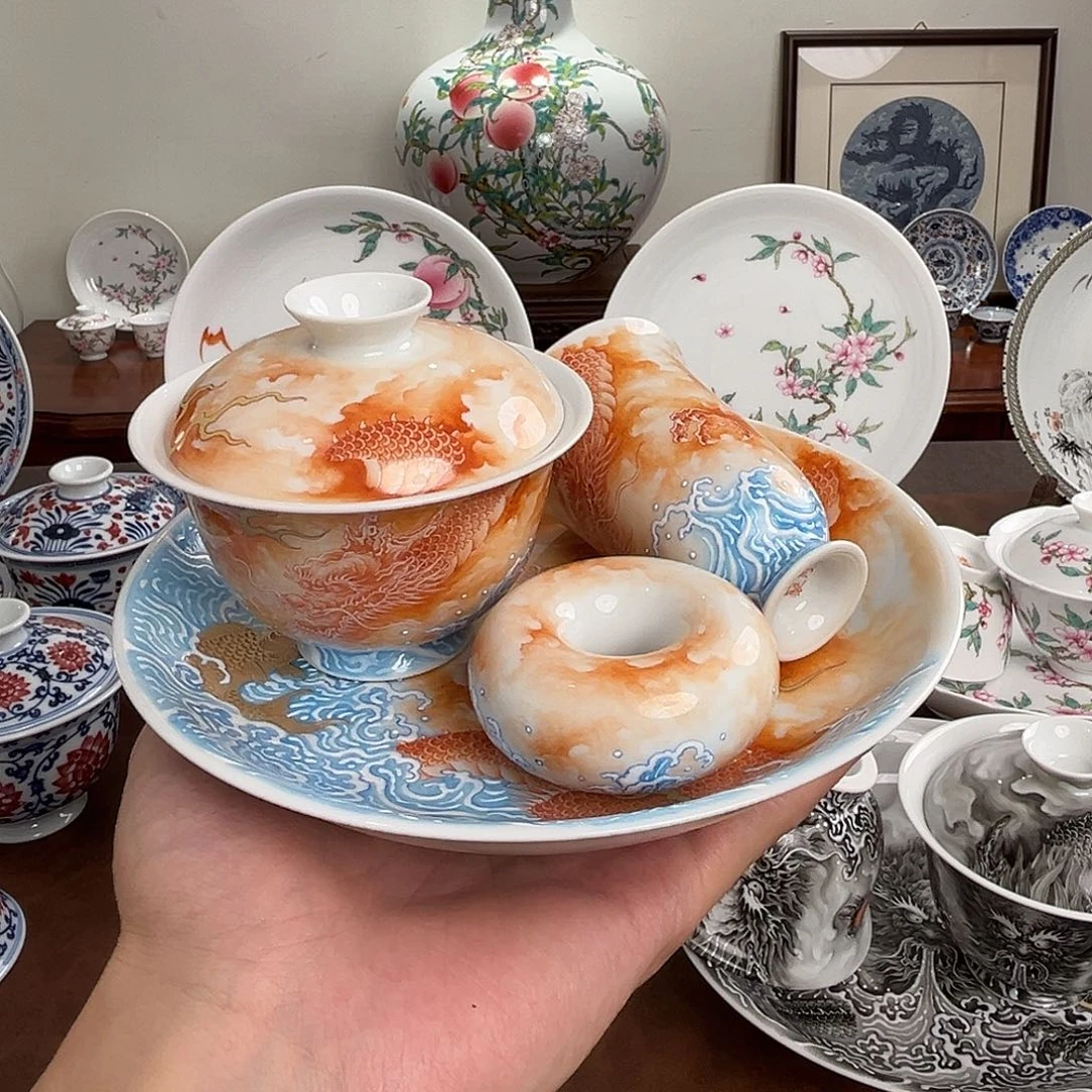 陶瓷矾红鱼化龙闻香杯子盖碗壶承盖置四件套