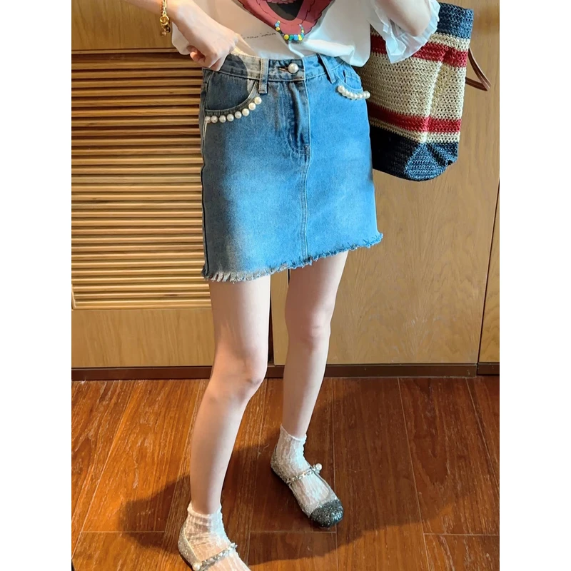 【张静芝】重工钉珠口袋设计感百搭洋气毛边夏季牛仔半身裙