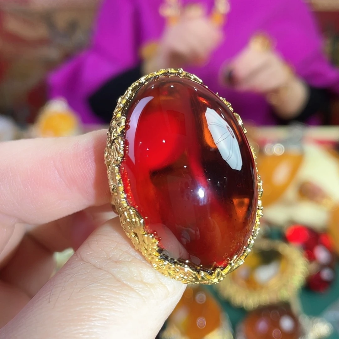 血珀戒指银S925镀金镶嵌