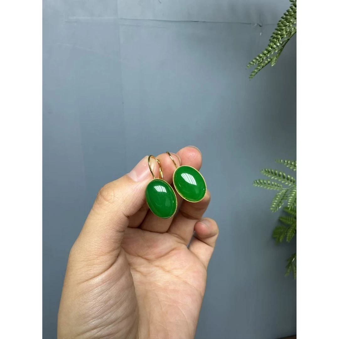 翡翠辣绿14k长款椭圆形耳扣