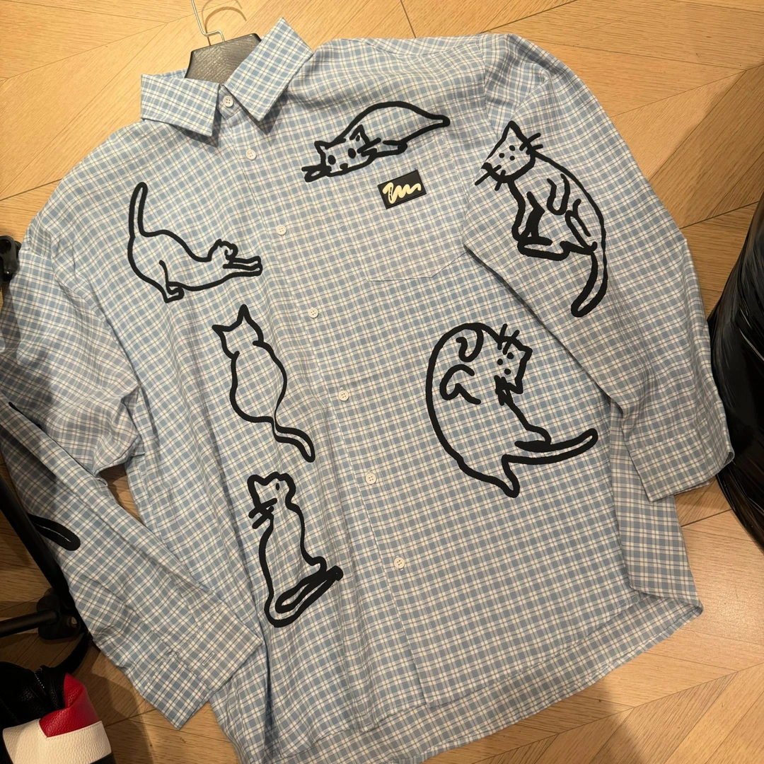 【简约小猫衬衣-1430】R77新款原创刺绣设计百搭衬衫男女同款-1430