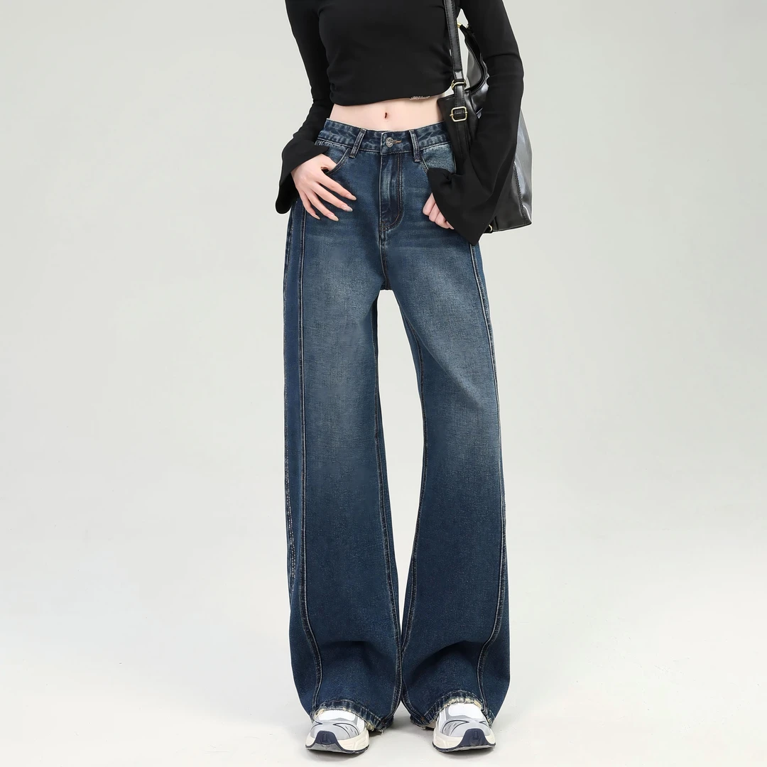 松弛感阔腿牛仔裤女春秋2025新款侧边拼接烫钻美式宽松直筒拖地裤