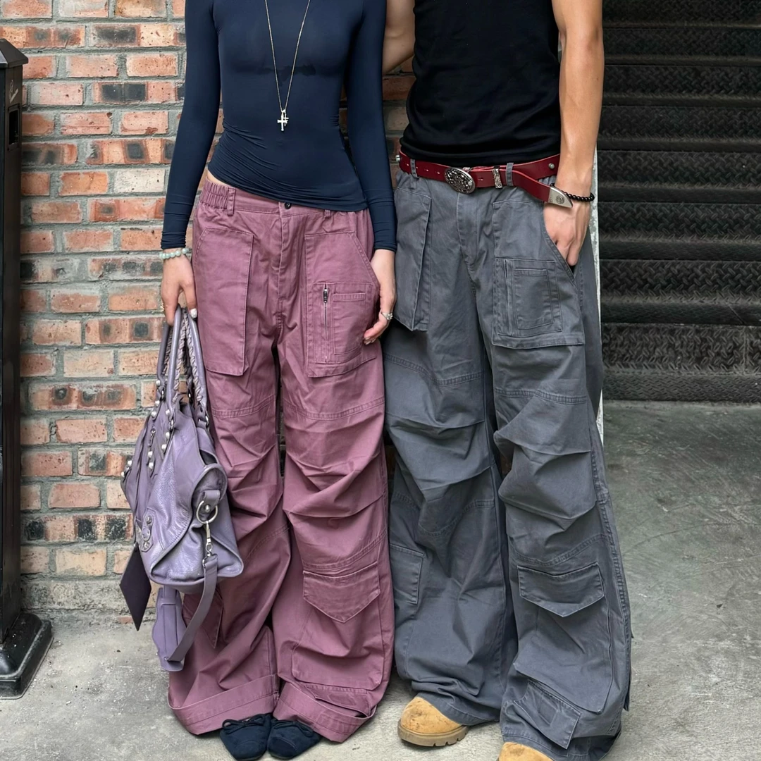 LUWENDAO双色水洗做旧多口袋立体剪裁阔腿工装长裤男女同款
