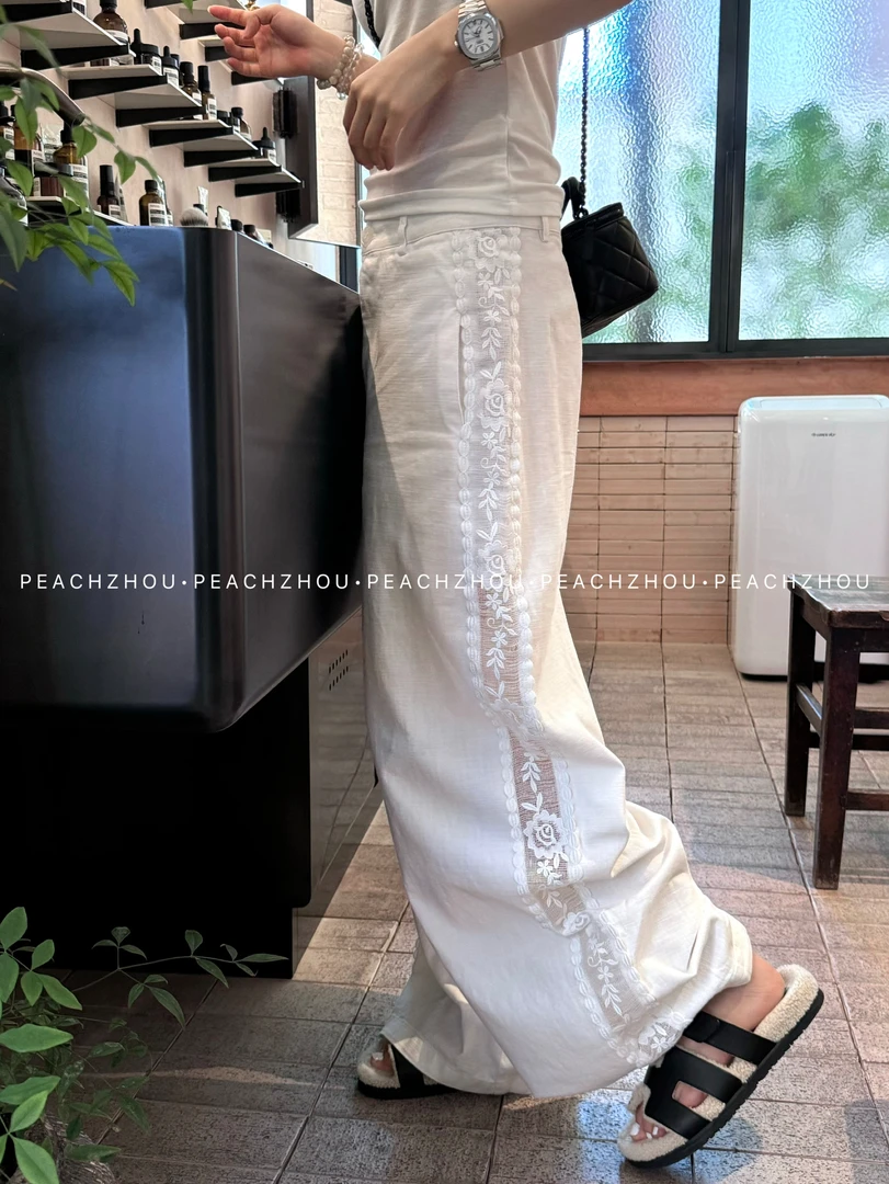 『PEACHZHOU』棉麻蕾丝花边镂空拼接直筒休闲裤法式气质阔腿长裤女
