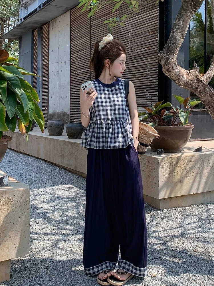 韩版复古简约通勤时尚套装宽松休闲套装气质夏季格子娃娃款背心
