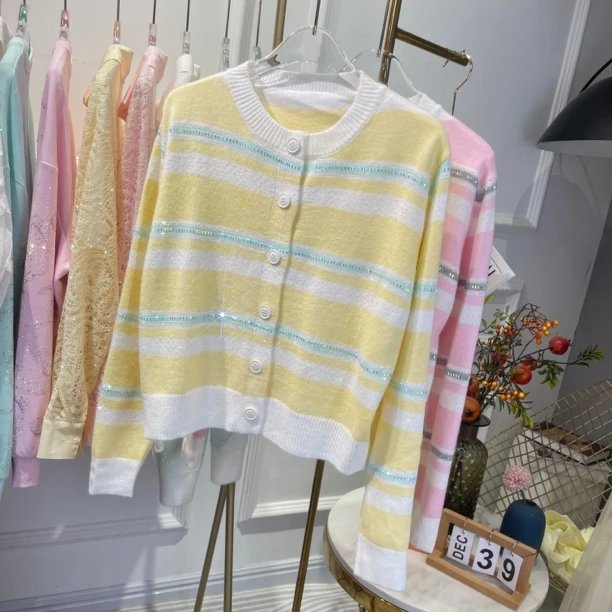 2025春季条纹圆领针织衫外套女撞色设计感开衫