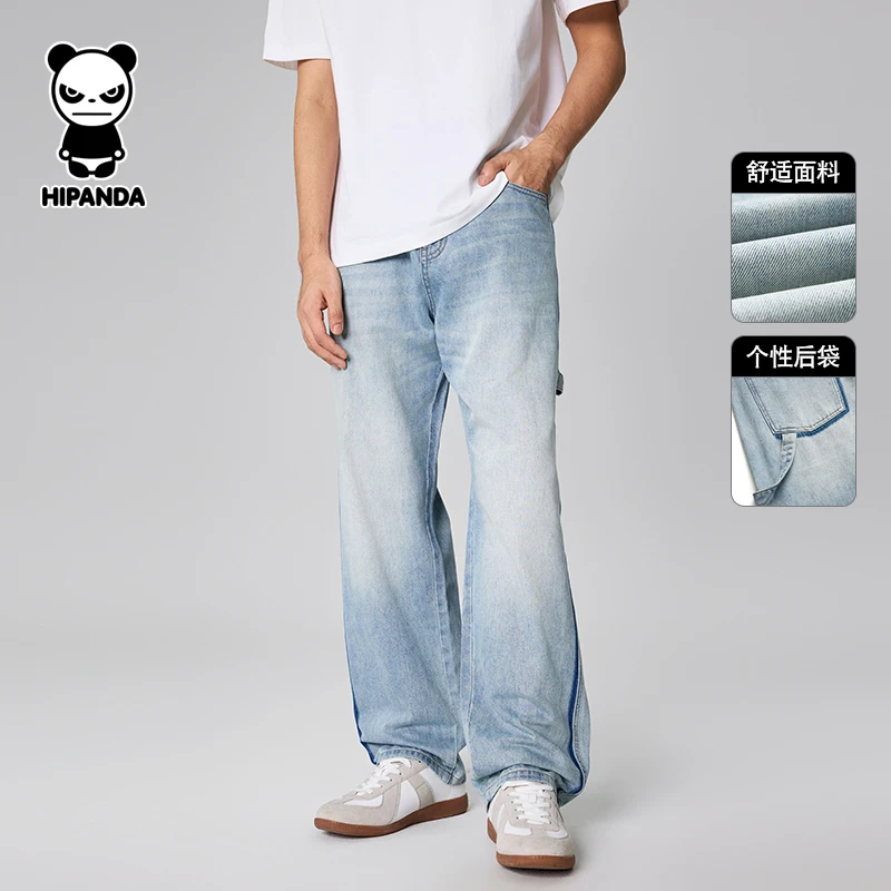 “你好熊猫”夏季无弹水洗夏季男士萝卜牛仔裤直筒裤时尚宽松春夏