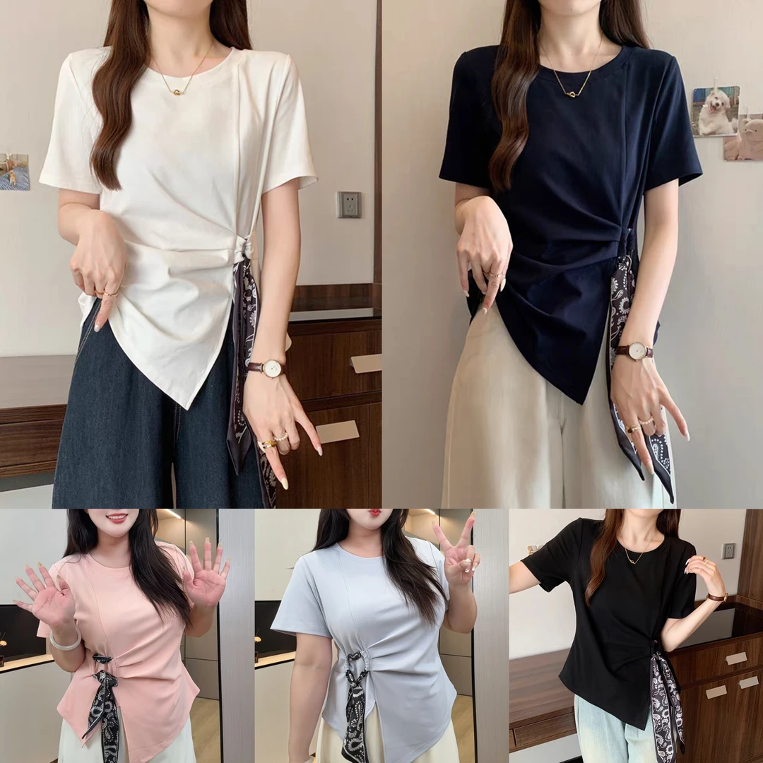 精 胖MM D25057高级感收腰别致丝带小众显瘦正肩独特气质短袖上衣