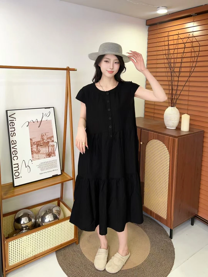 夏季圆领系带高腰肌理感飞袖减龄法式连衣裙孕妇