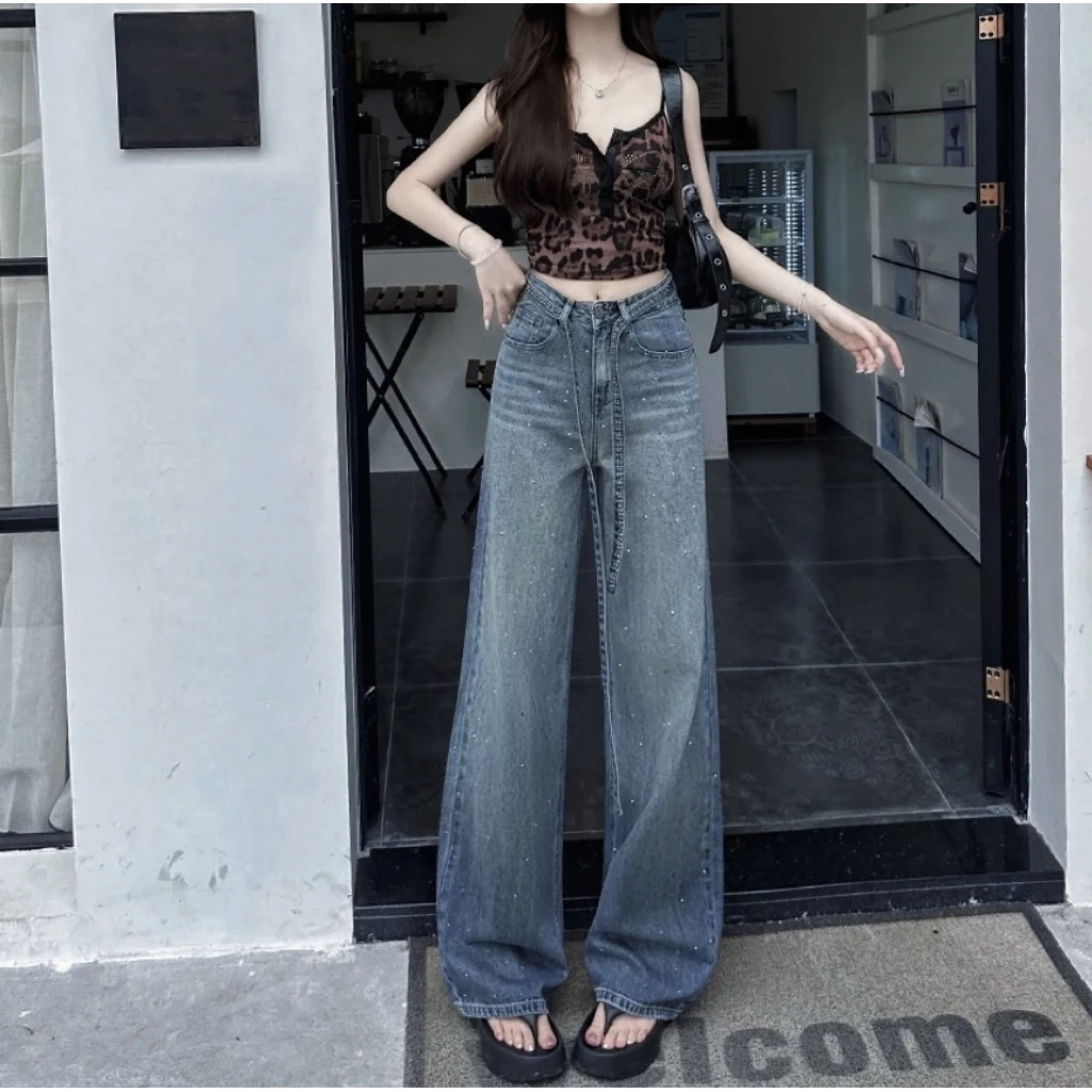 【运费险+腰带】满天星渐变色烫钻冬季加厚防寒保暖阔腿女牛仔裤