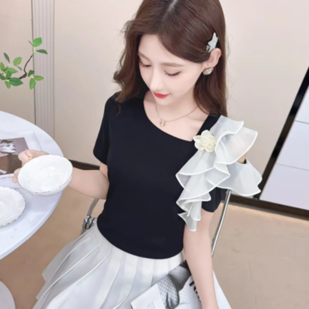 8908#【衣长53】短袖贴布绣抗皱荷叶边T恤针织时尚夏装可爱风上衣