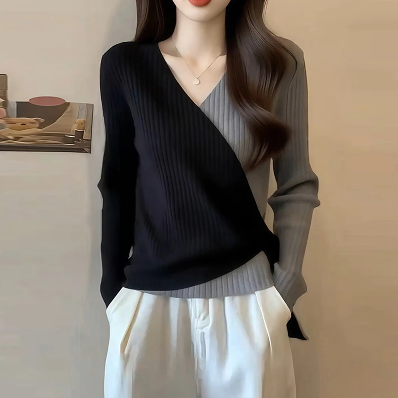 M867高级感撞色V领针织长袖T恤女装2025秋冬新款不规则收腰上衣