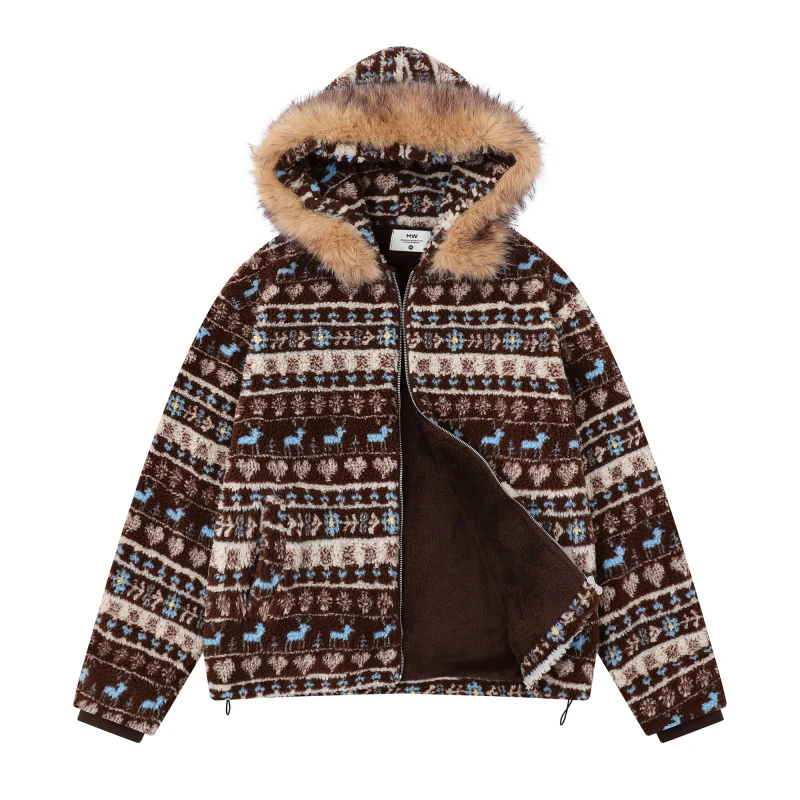 美式复古费尔岛摇粒绒民族纹毛领连帽保暖外套加绒加厚棉服情侣冬