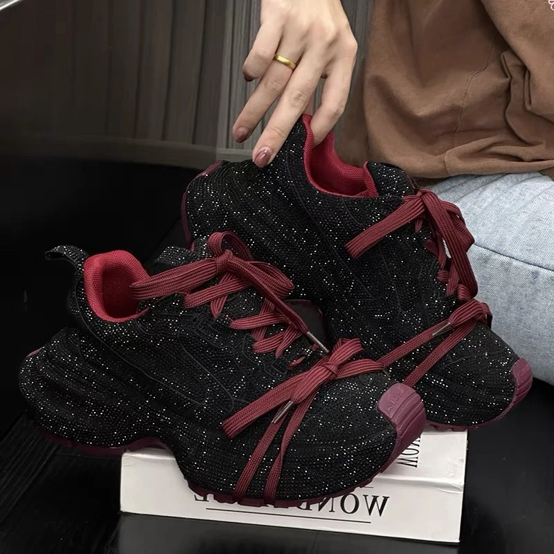 满天星水钻厚底老爹鞋女种工两幅鞋带可拆卸