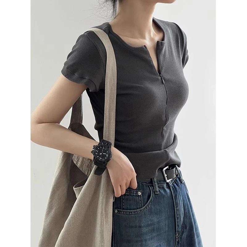 韩系设计感拉链正肩短袖T恤女夏季薄款辣妹修身显瘦小众短款上衣
