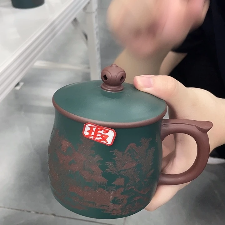 茶杯紫砂粉浆如意刻绘盖杯
