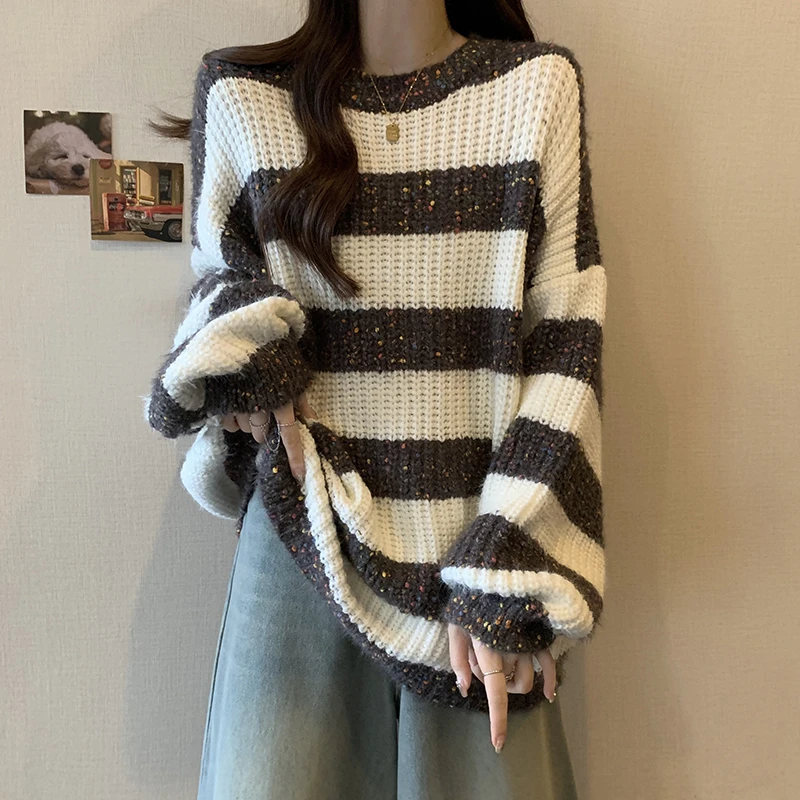 慵懒风复古条纹镂空毛衣女2025秋冬新款宽松时尚针织打底软糯上衣