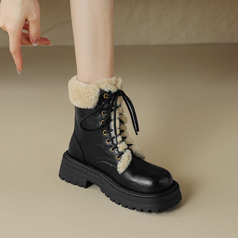 棕色复古粗跟马丁靴女2025冬季新款真皮绑带厚底加绒保暖百搭短靴