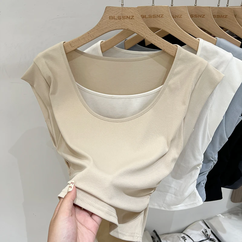 韩系假两件拼接无袖t恤女夏季2025新款设计感褶皱修身短款上衣