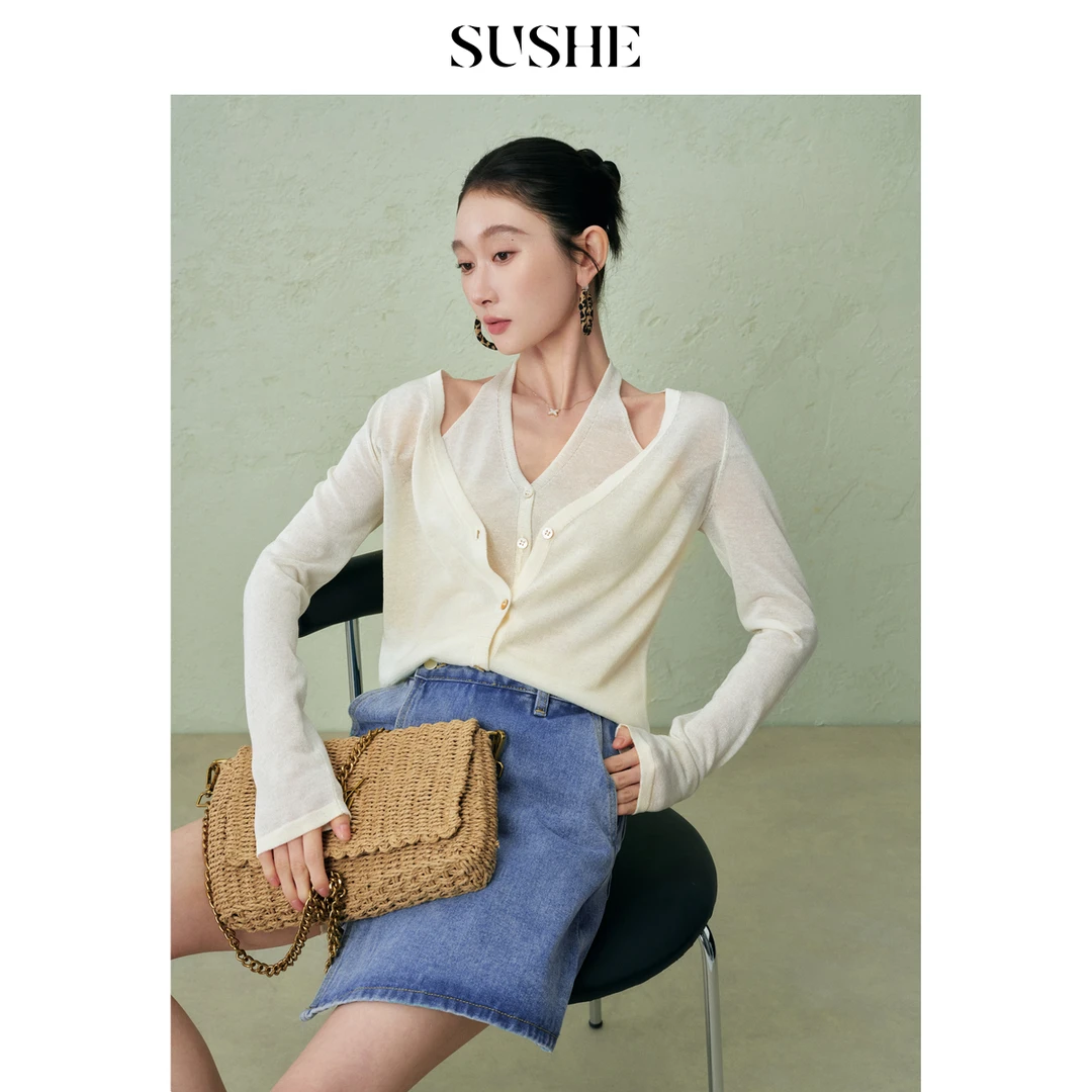 束皙SUSHE 琴吟 氛围感天丝亚麻假两件挂脖长袖针织衫修身上衣女