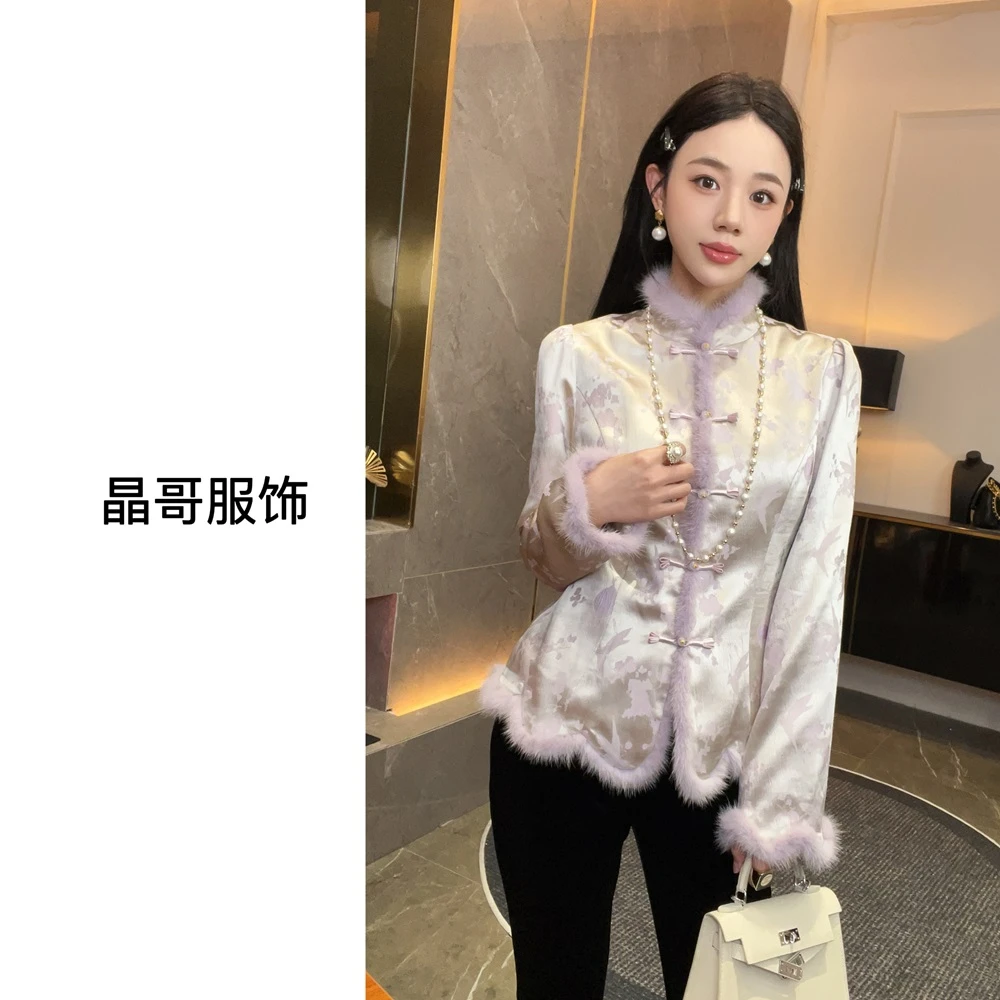 现货【金玉繁华】新中式水貂毛加绒百搭人丝提花国风上衣