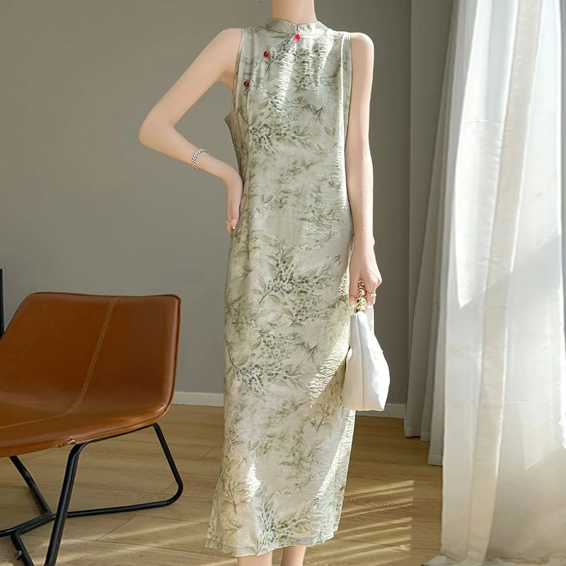无袖碎花旗袍连衣裙女夏季2025年轻少女新中式斜襟收腰气质