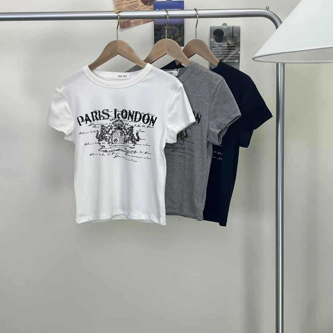 【程程韩代】时尚夏季韩里韩气小版修身复古工艺印花短袖T恤女