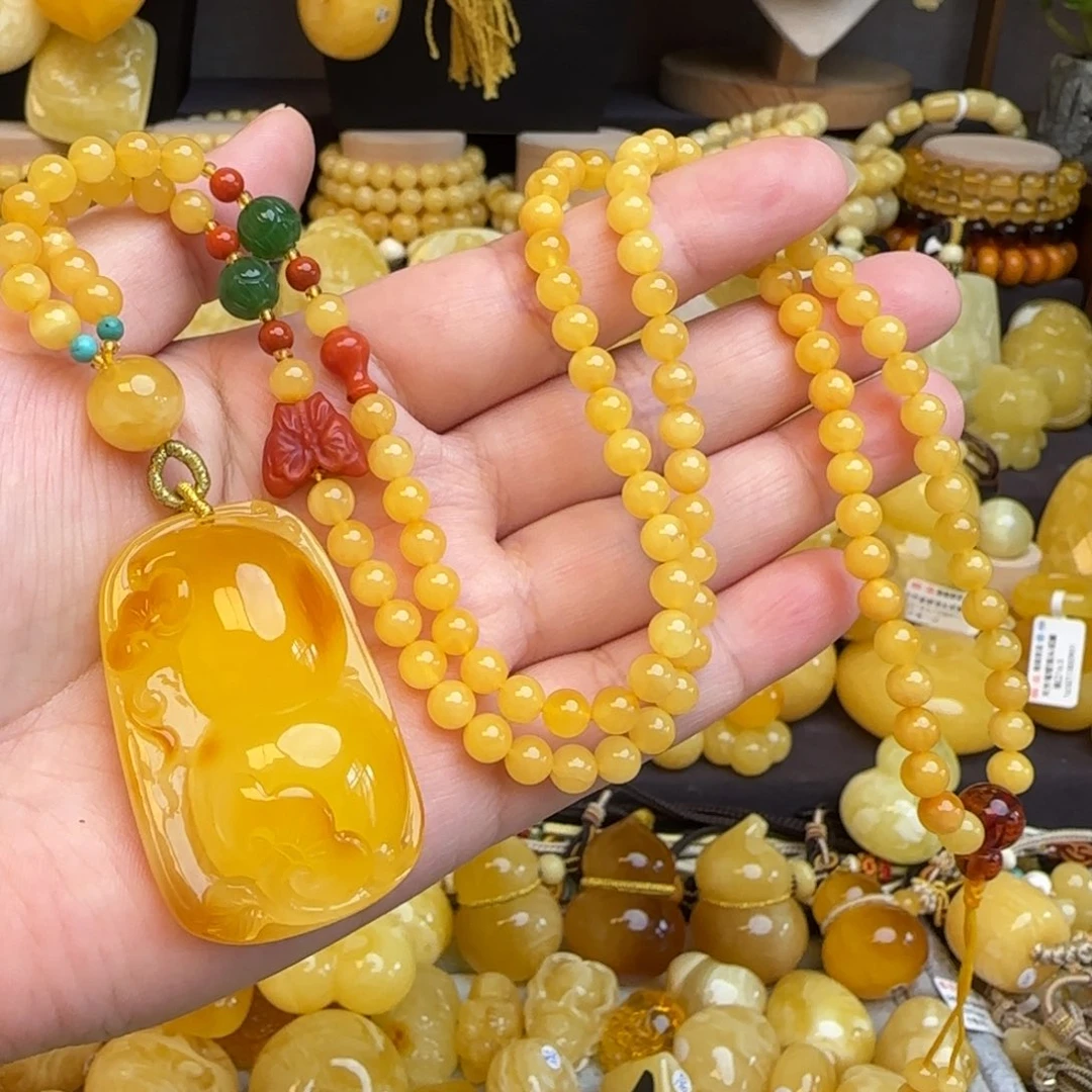琥珀套链未镶嵌天然焦皮料蜜蜡葫芦吊坠
