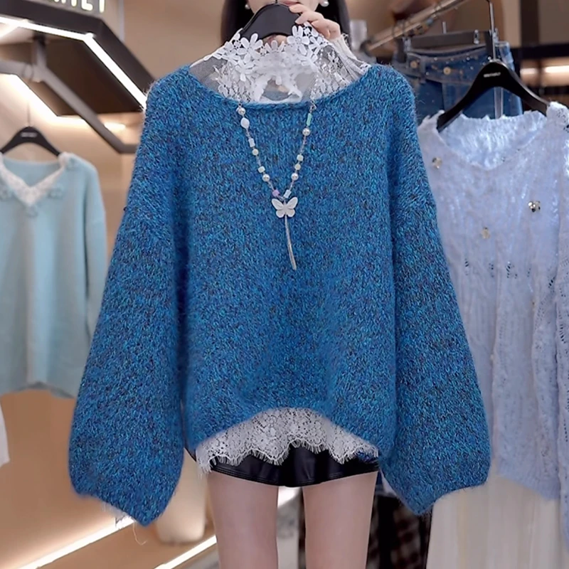 时尚套头毛衣女士2025秋冬宽松型显瘦高领蕾丝钩花针织打底衫套装