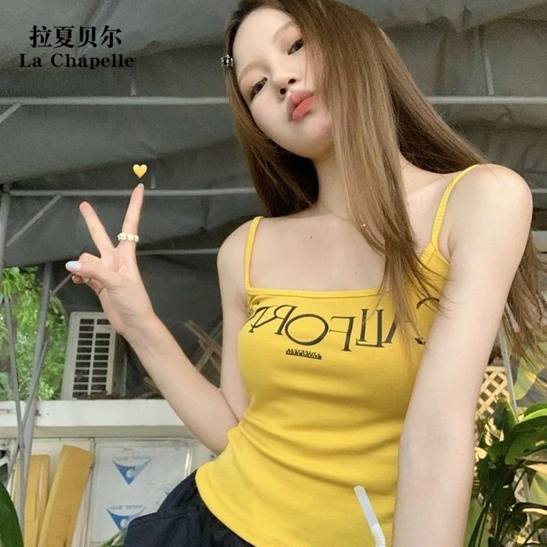 美式辣妹吊带小背心字母印花外穿无袖上衣内搭带胸垫短款显瘦抹胸