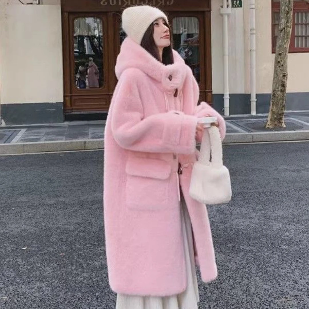 人造皮草 冬季加绒加厚牛角扣连帽长款可爱百搭大衣外套女秋冬