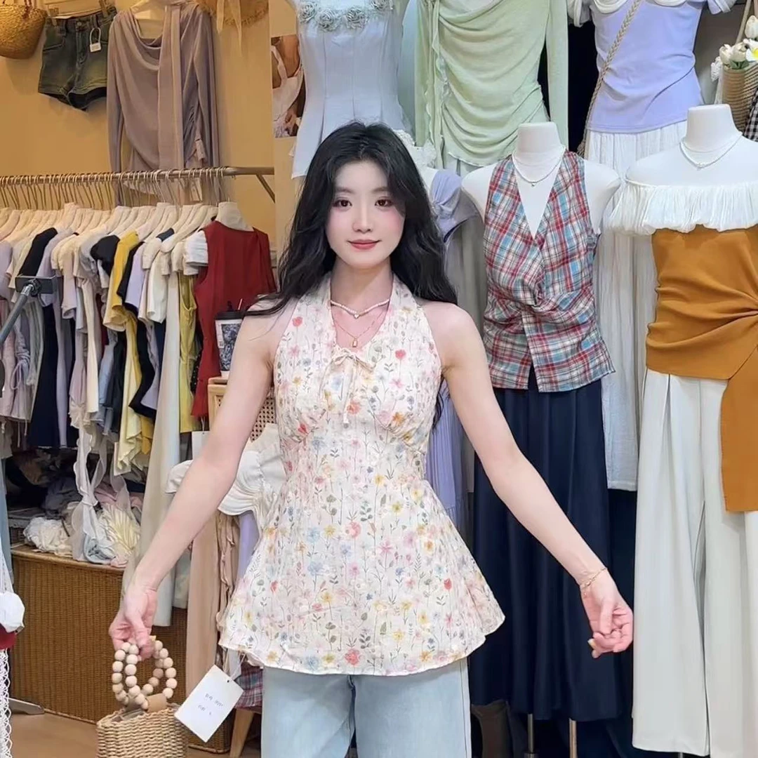 韩系碎花挂脖V领背心女夏季新款甜美风减龄洋气收腰小衫外穿上衣
