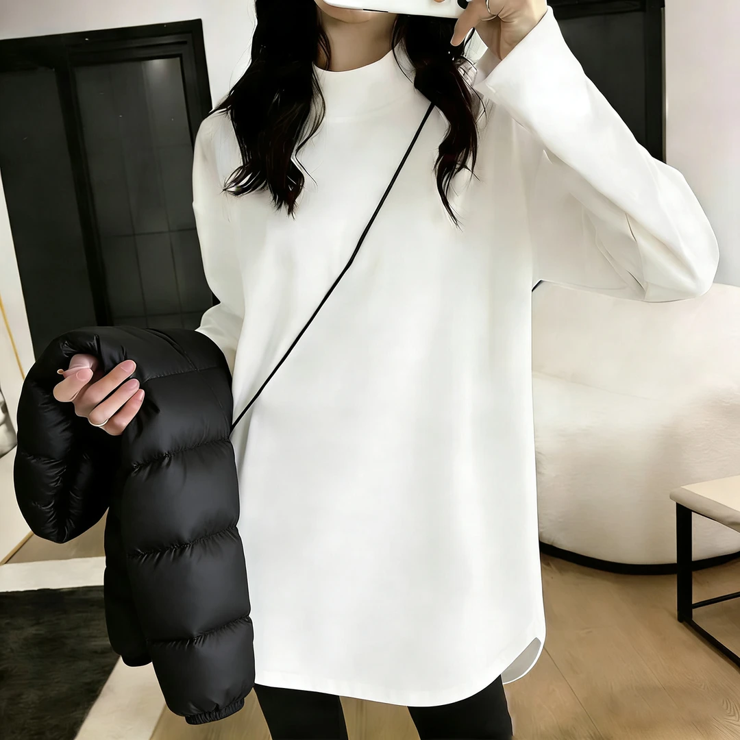 中长款加绒半高领弧形下摆长袖打底衫2025秋冬新款内搭外穿上衣女