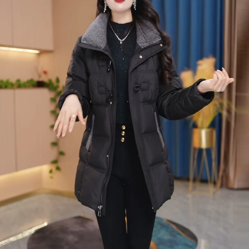 气质时尚翻领中长款羽绒服外套女2025冬季新款妈妈装加厚保暖大衣