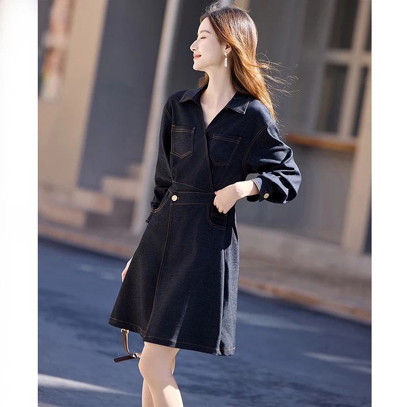 设计感牛仔裙女长袖2025春秋新款不对称斜襟假两件翻领连衣裙