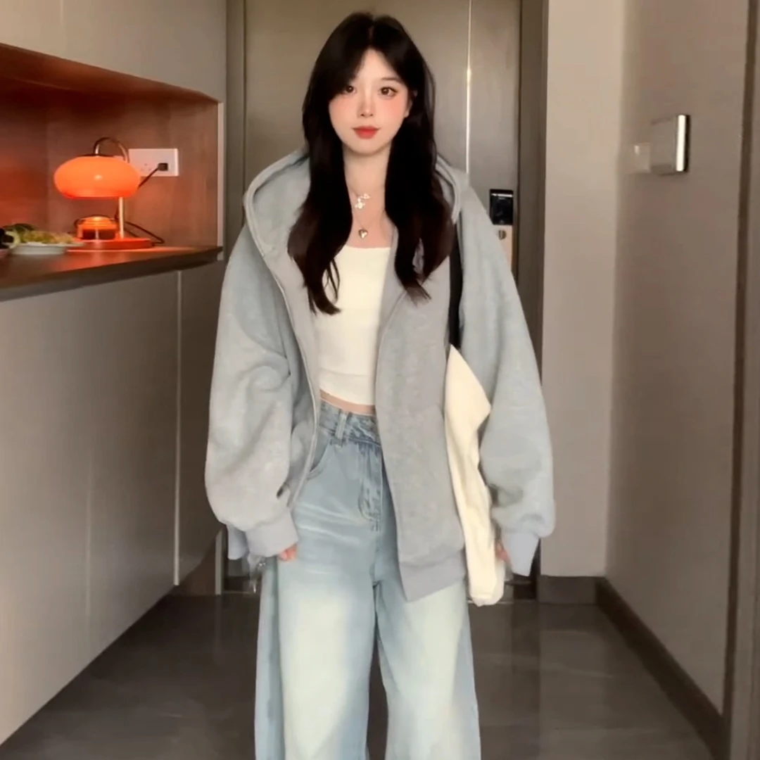 早秋韩系慵懒灰色连帽卫衣外套女春秋季2025新款薄款休闲拉链上衣